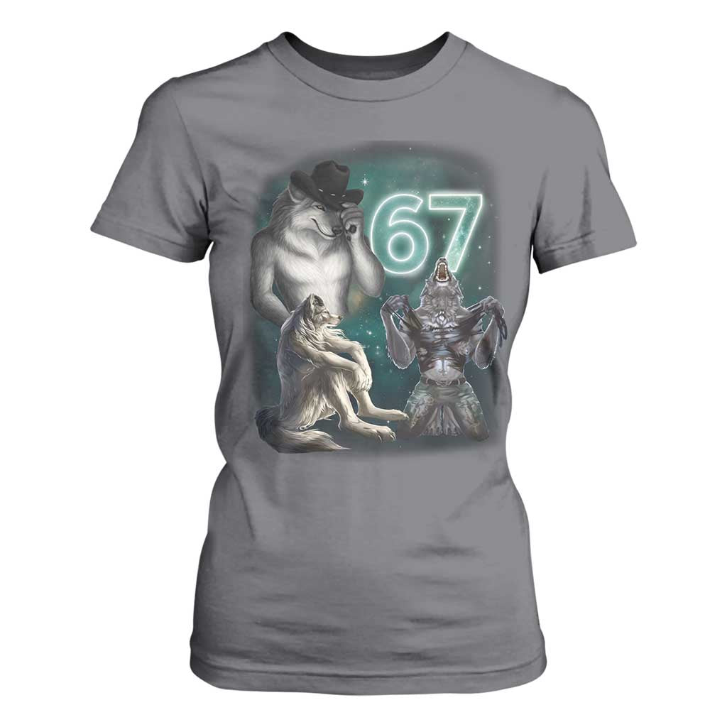 Funny 67 Alpha Wolf T Shirt For Women Cringe Werewolf Howling Six Seven Meme TS11 Charcoal Print Your Wear