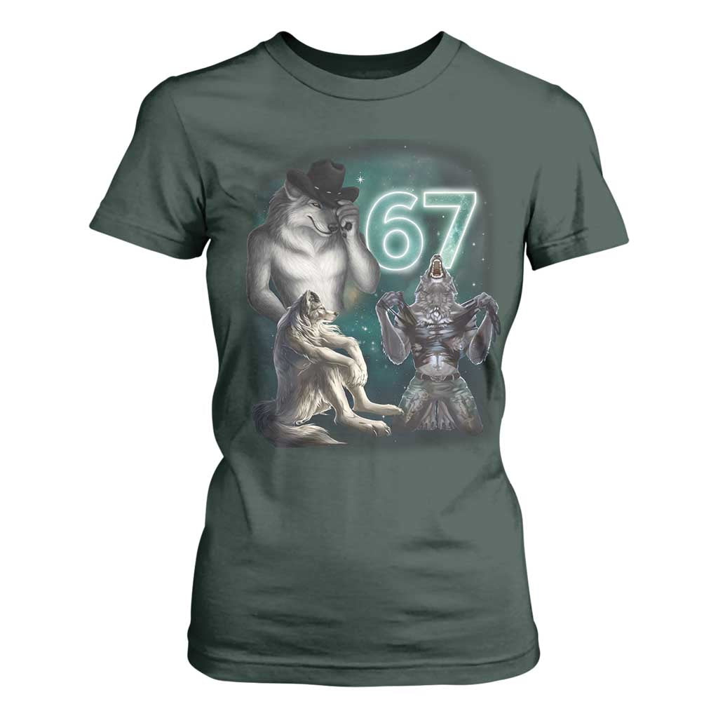 Funny 67 Alpha Wolf T Shirt For Women Cringe Werewolf Howling Six Seven Meme TS11 Dark Forest Green Print Your Wear
