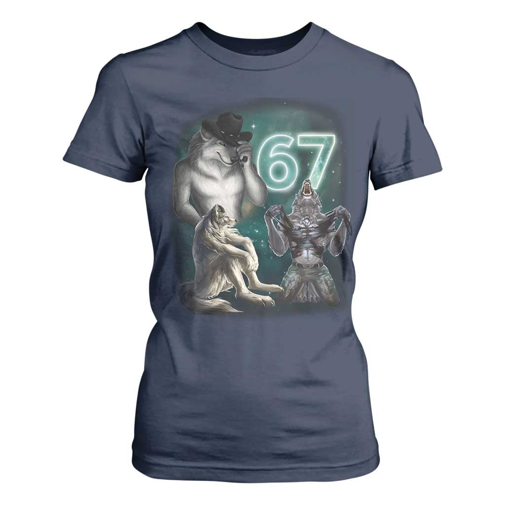 Funny 67 Alpha Wolf T Shirt For Women Cringe Werewolf Howling Six Seven Meme TS11 Navy Print Your Wear
