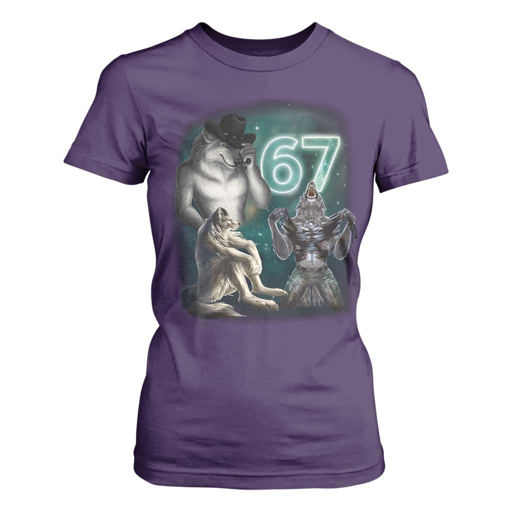 Funny 67 Alpha Wolf T Shirt For Women Cringe Werewolf Howling Six Seven Meme TS11 Purple Print Your Wear