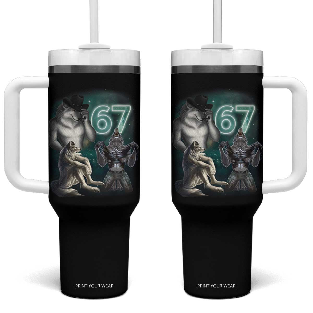 Funny 67 Alpha Wolf Tumbler With Handle Cringe Werewolf Howling Six Seven Meme TS11 One Size: 40 oz Black Print Your Wear