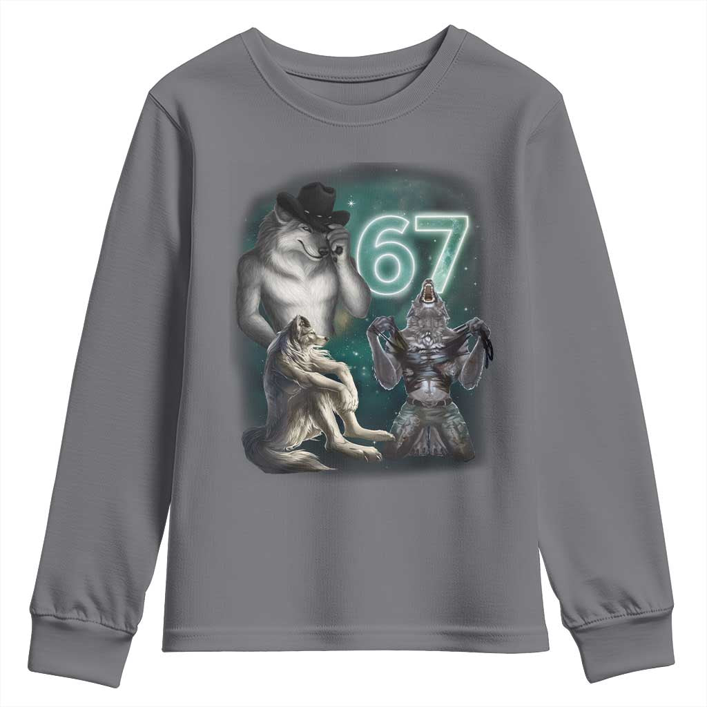Funny 67 Alpha Wolf Youth Sweatshirt Cringe Werewolf Howling Six Seven Meme TS11 Charcoal Print Your Wear