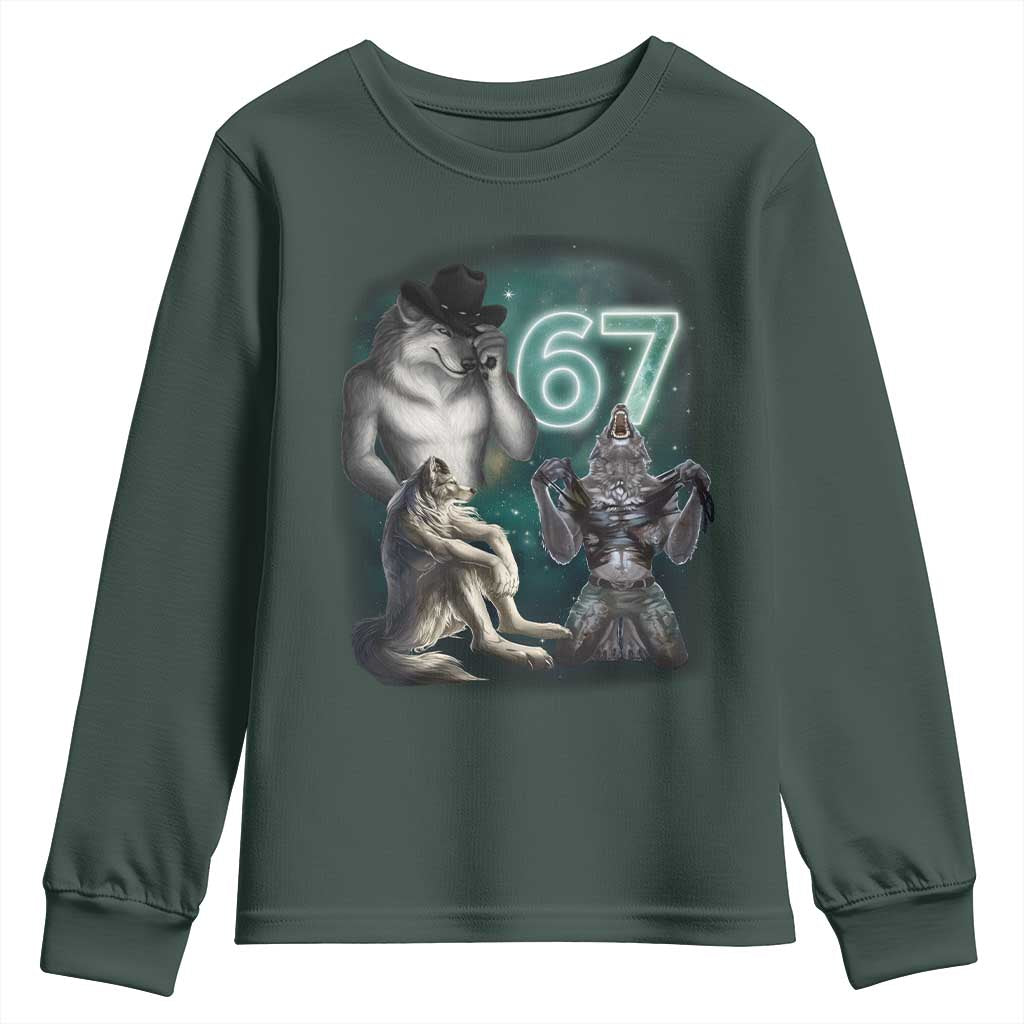 Funny 67 Alpha Wolf Youth Sweatshirt Cringe Werewolf Howling Six Seven Meme TS11 Dark Forest Green Print Your Wear