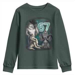 Funny 67 Alpha Wolf Youth Sweatshirt Cringe Werewolf Howling Six Seven Meme TS11 Dark Forest Green Print Your Wear