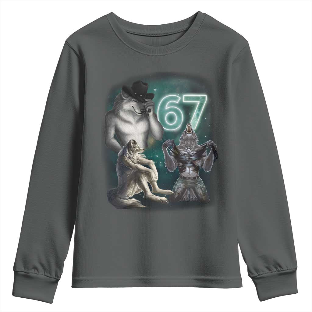 Funny 67 Alpha Wolf Youth Sweatshirt Cringe Werewolf Howling Six Seven Meme TS11 Dark Heather Print Your Wear