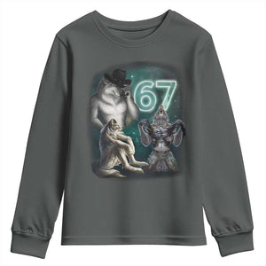 Funny 67 Alpha Wolf Youth Sweatshirt Cringe Werewolf Howling Six Seven Meme TS11 Dark Heather Print Your Wear