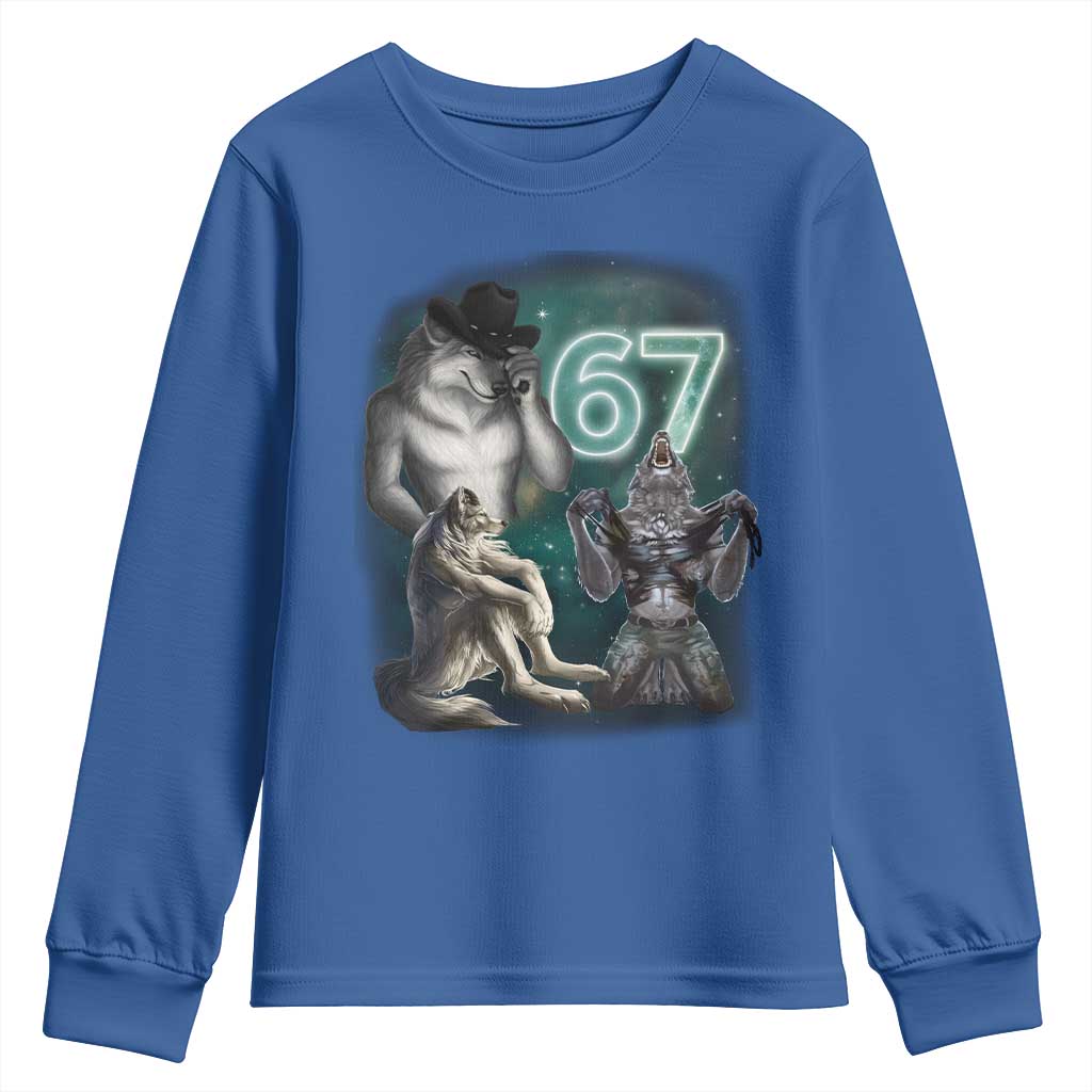 Funny 67 Alpha Wolf Youth Sweatshirt Cringe Werewolf Howling Six Seven Meme TS11 Royal Blue Print Your Wear