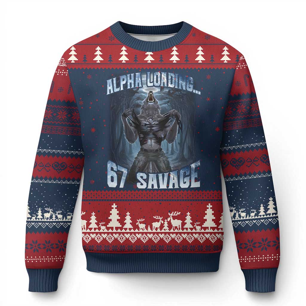 Funny 67 Alpha Wolf Ugly Christmas Sweater Alpha Loading 67 Savage Six Seven Gen Z Meme TS11 Navy Red Print Your Wear