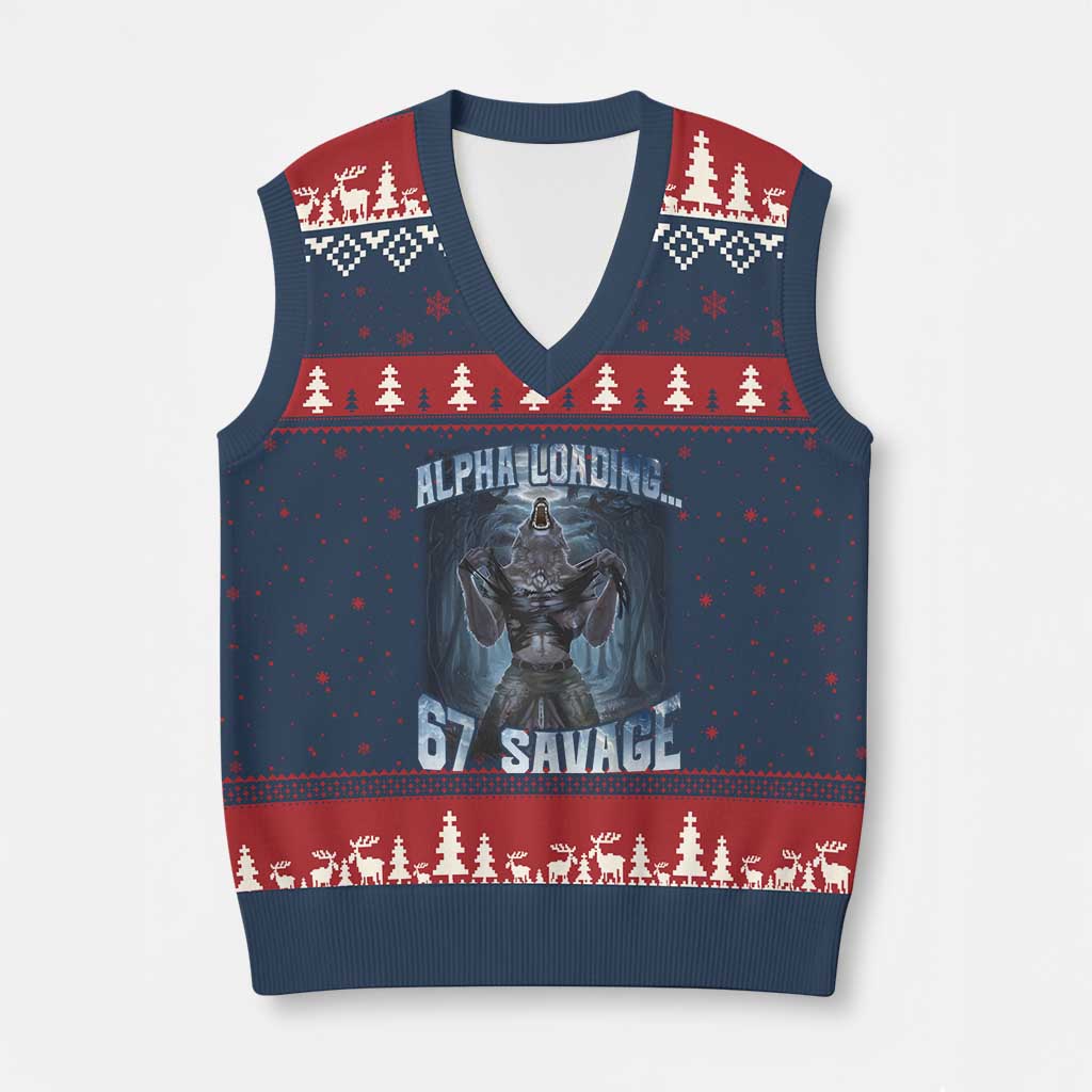 Funny 67 Alpha Wolf V-Neck Knit Sweater Vest Alpha Loading 67 Savage Six Seven Gen Z Meme TS11 Navy Red Print Your Wear