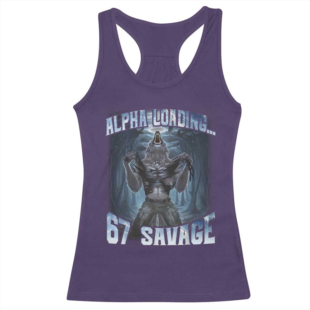 Funny 67 Alpha Wolf Racerback Tank Top Alpha Loading 67 Savage Six Seven Gen Z Meme TS11 Purple Print Your Wear
