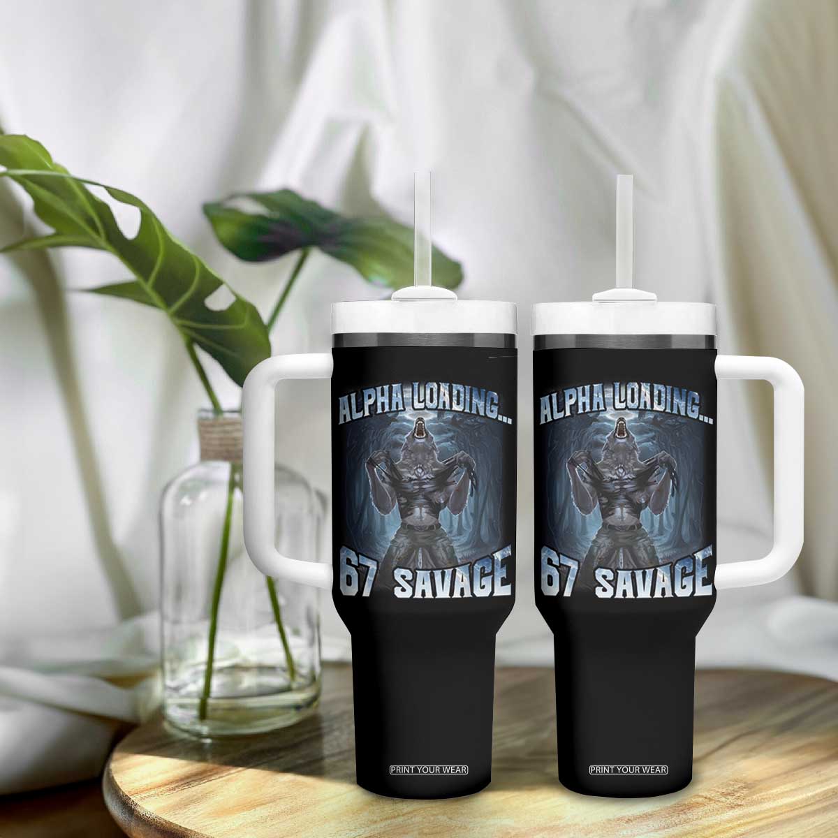 Funny 67 Alpha Wolf Tumbler With Handle Alpha Loading 67 Savage Six Seven Gen Z Meme TS11 Print Your Wear