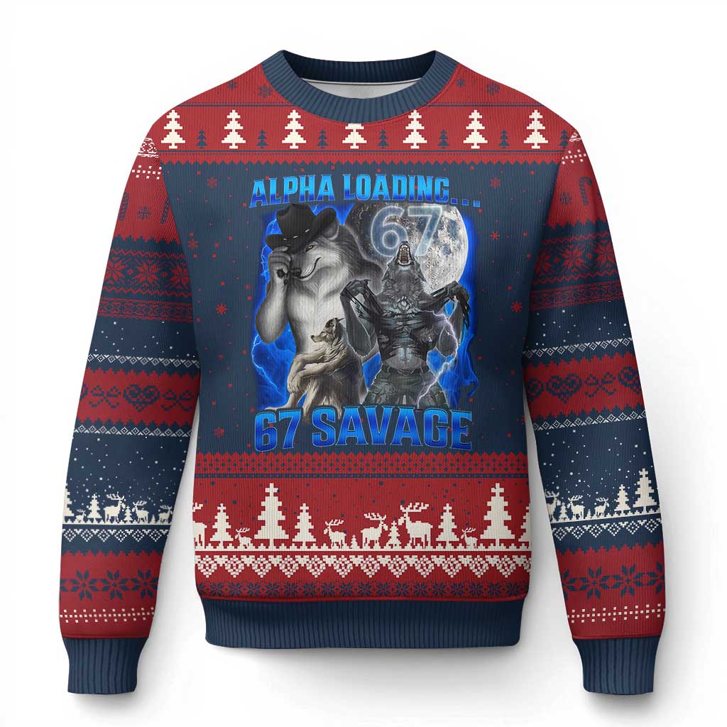 Funny Six Seven Alpha Wolf Ugly Christmas Sweater Alpha Loading 67 Savage Wolves Moon Meme TS11 Navy Red Print Your Wear