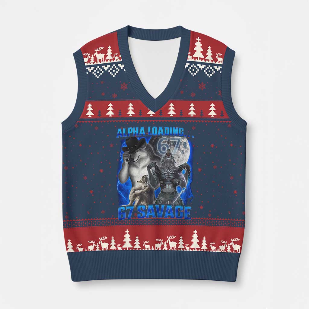 Funny Six Seven Alpha Wolf V-Neck Knit Sweater Vest Alpha Loading 67 Savage Wolves Moon Meme TS11 Navy Red Print Your Wear