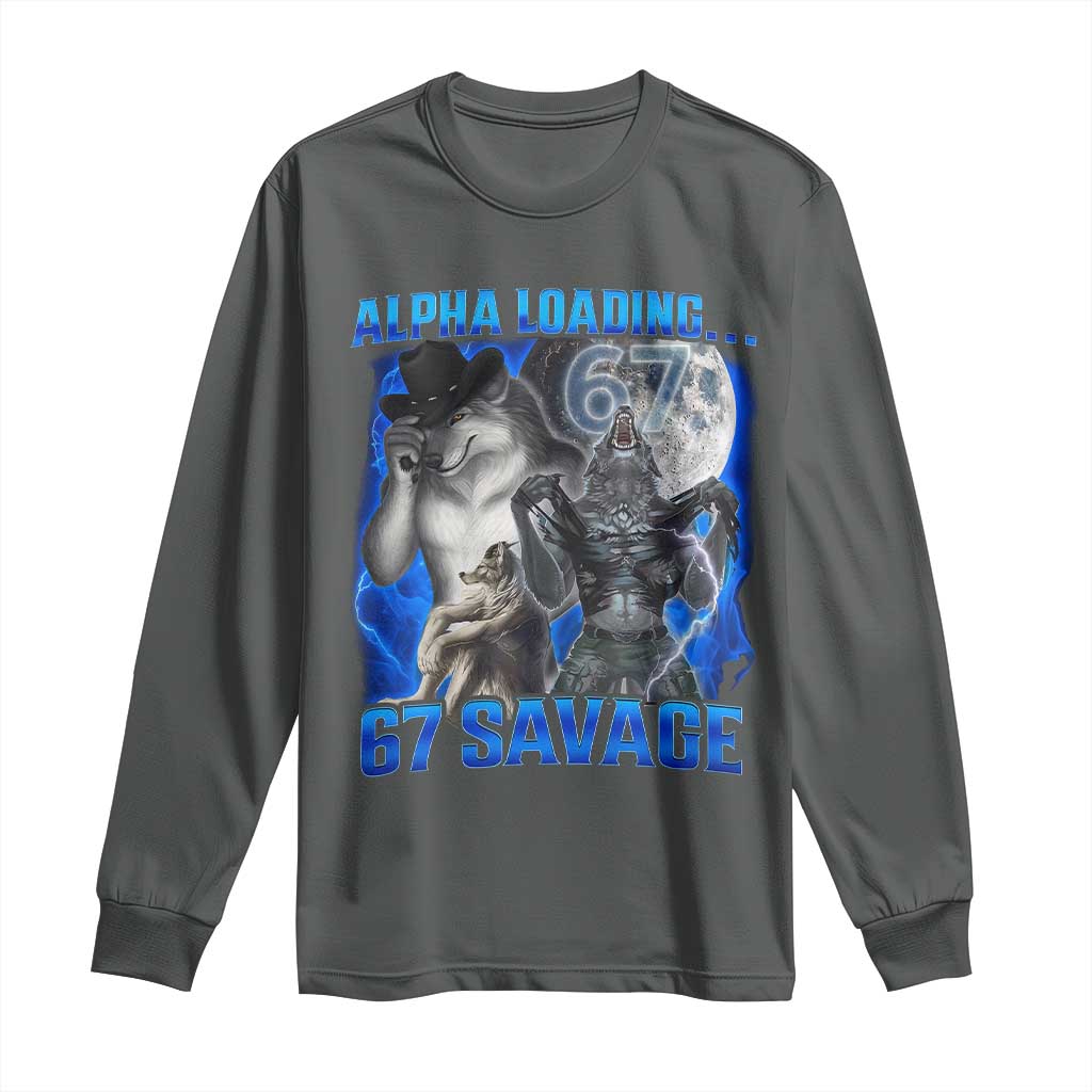 Funny Six Seven Alpha Wolf Long Sleeve Shirt Alpha Loading 67 Savage Wolves Moon Meme TS11 Dark Heather Print Your Wear