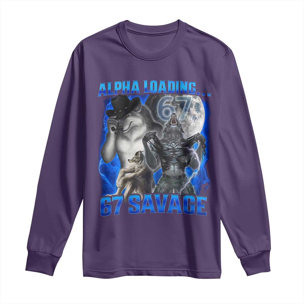 Funny Six Seven Alpha Wolf Long Sleeve Shirt Alpha Loading 67 Savage Wolves Moon Meme TS11 Purple Print Your Wear