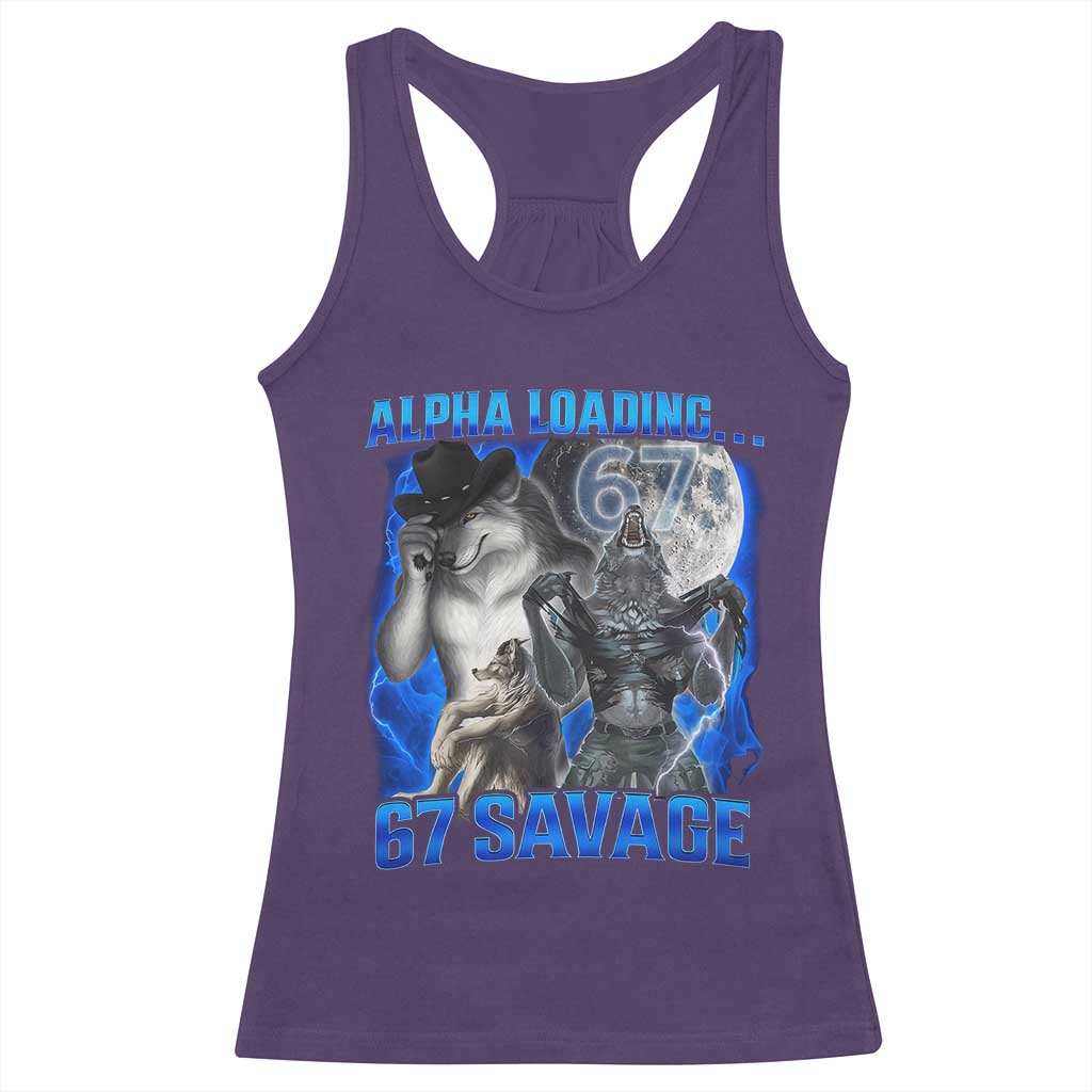 Funny Six Seven Alpha Wolf Racerback Tank Top Alpha Loading 67 Savage Wolves Moon Meme TS11 Purple Print Your Wear