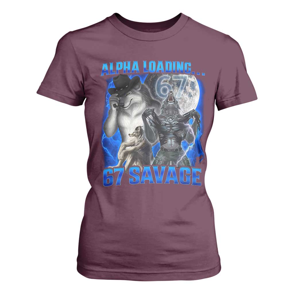 Funny Six Seven Alpha Wolf T Shirt For Women Alpha Loading 67 Savage Wolves Moon Meme TS11 Maroon Print Your Wear