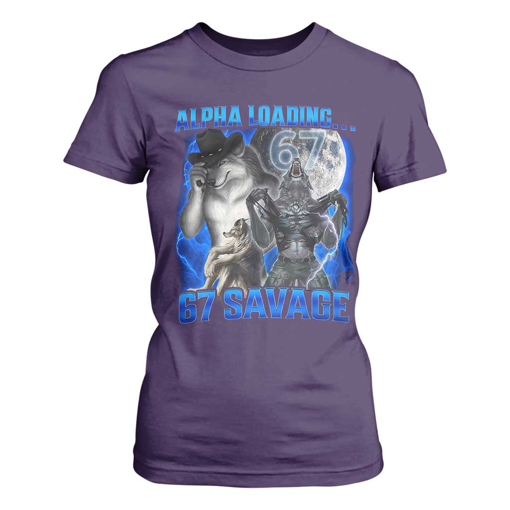 Funny Six Seven Alpha Wolf T Shirt For Women Alpha Loading 67 Savage Wolves Moon Meme TS11 Purple Print Your Wear