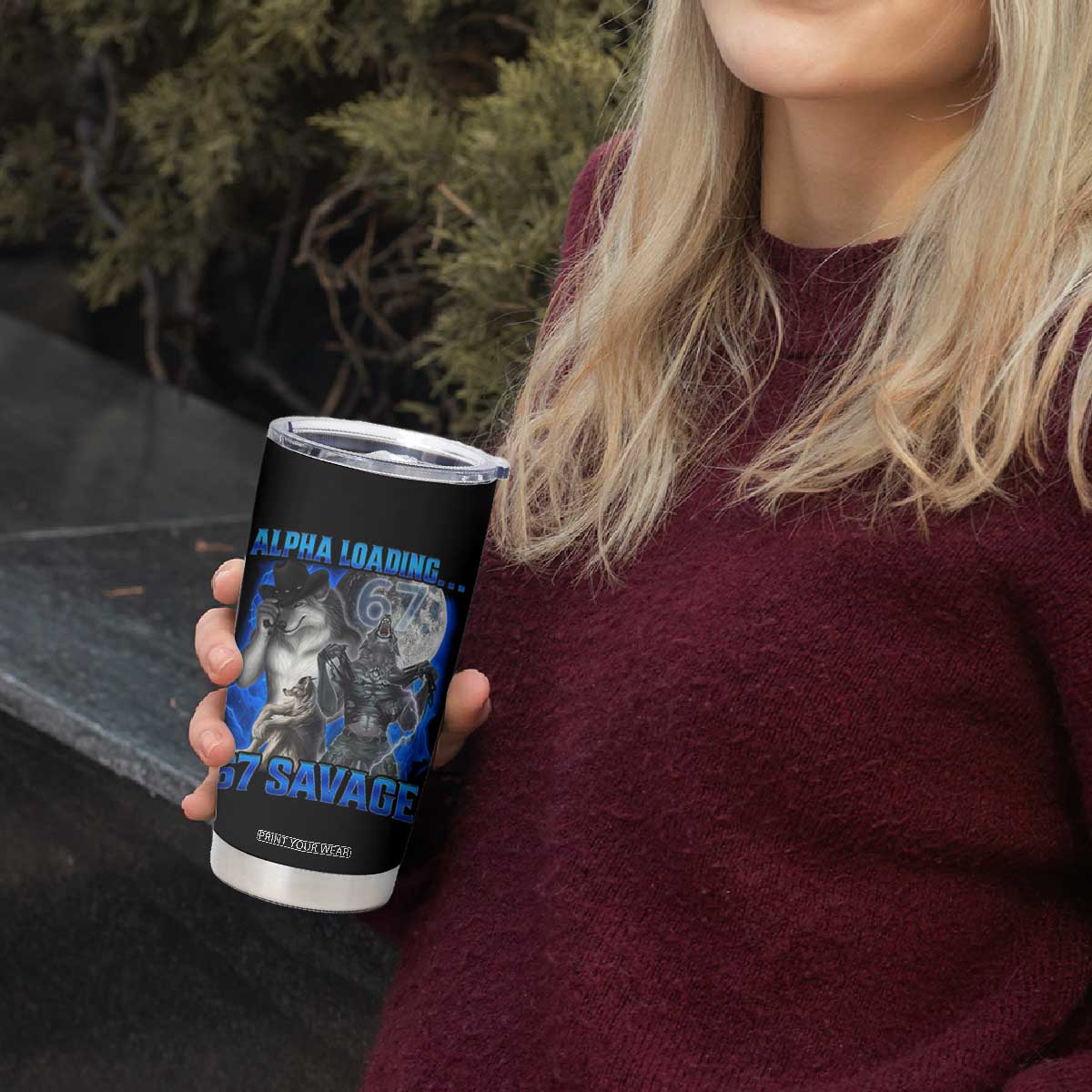 Funny Six Seven Alpha Wolf Tumbler Cup Alpha Loading 67 Savage Wolves Moon Meme TS11 Print Your Wear
