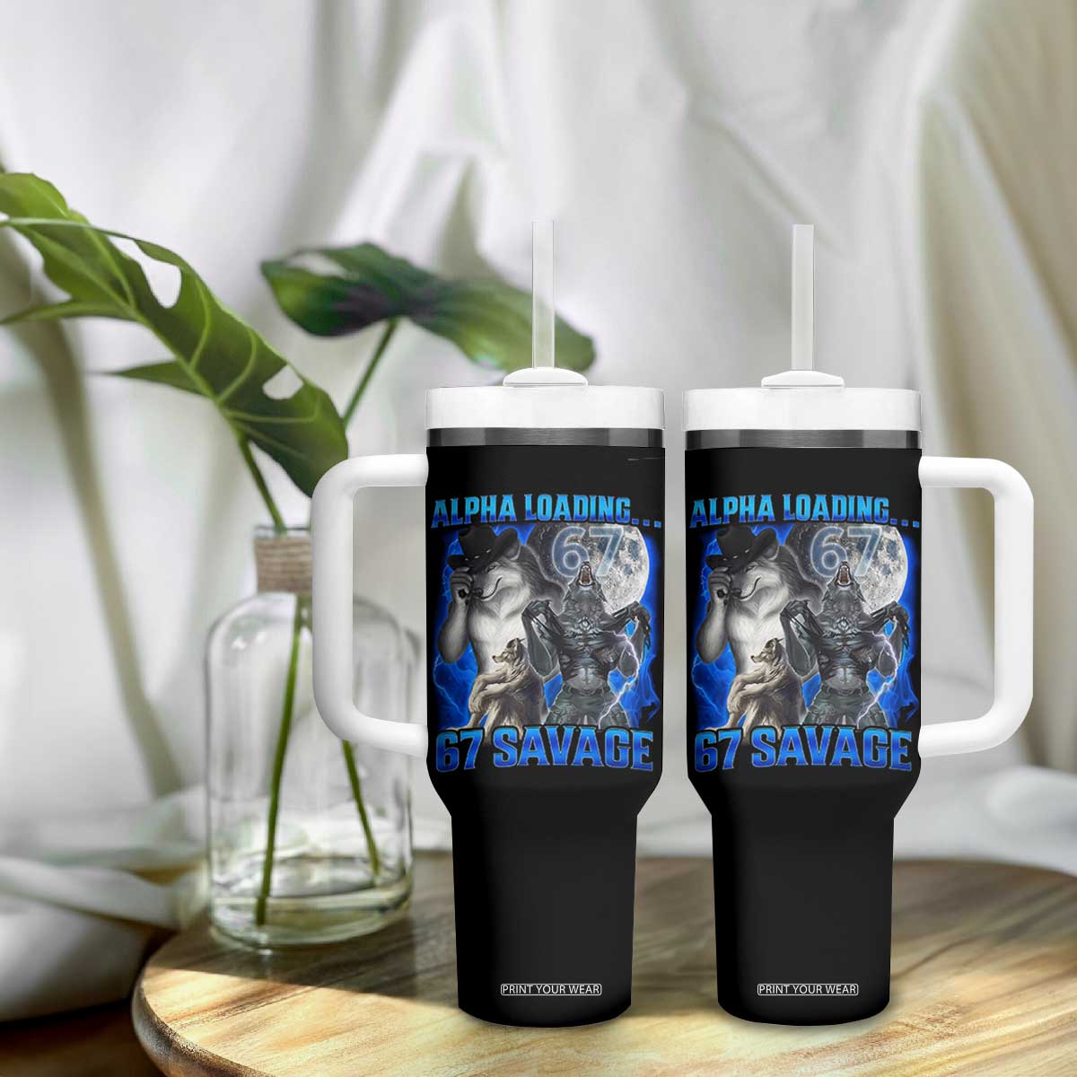 Funny Six Seven Alpha Wolf Tumbler With Handle Alpha Loading 67 Savage Wolves Moon Meme TS11 Print Your Wear
