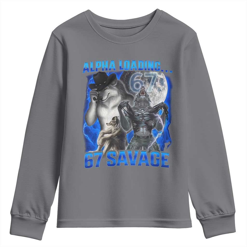Funny Six Seven Alpha Wolf Youth Sweatshirt Alpha Loading 67 Savage Wolves Moon Meme TS11 Charcoal Print Your Wear