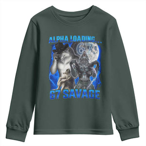 Funny Six Seven Alpha Wolf Youth Sweatshirt Alpha Loading 67 Savage Wolves Moon Meme TS11 Dark Forest Green Print Your Wear