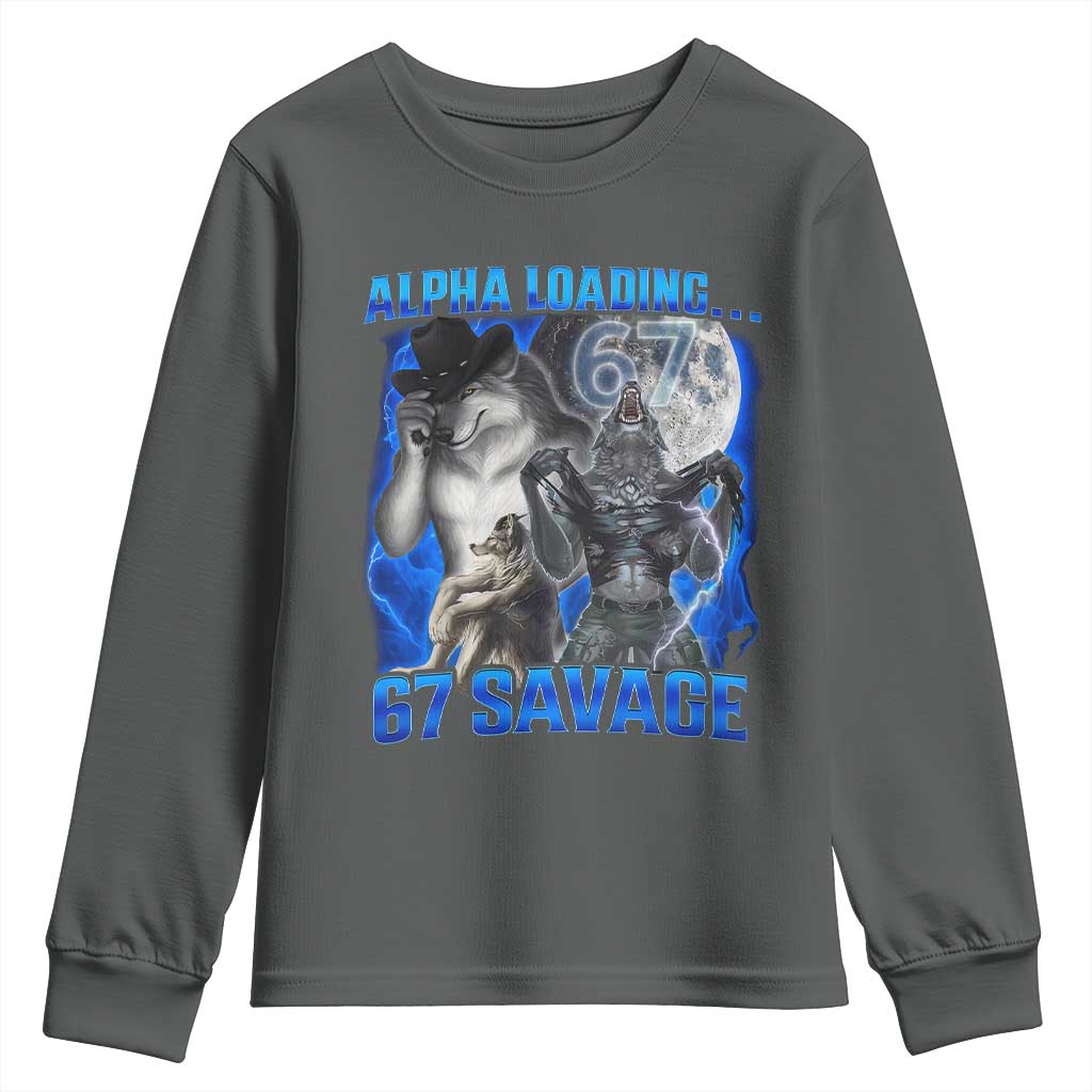 Funny Six Seven Alpha Wolf Youth Sweatshirt Alpha Loading 67 Savage Wolves Moon Meme TS11 Dark Heather Print Your Wear