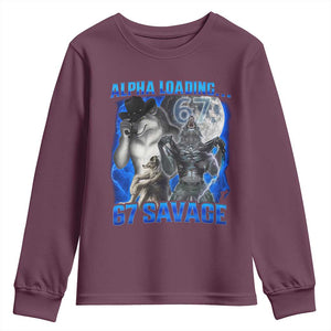 Funny Six Seven Alpha Wolf Youth Sweatshirt Alpha Loading 67 Savage Wolves Moon Meme TS11 Maroon Print Your Wear