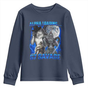 Funny Six Seven Alpha Wolf Youth Sweatshirt Alpha Loading 67 Savage Wolves Moon Meme TS11 Navy Print Your Wear
