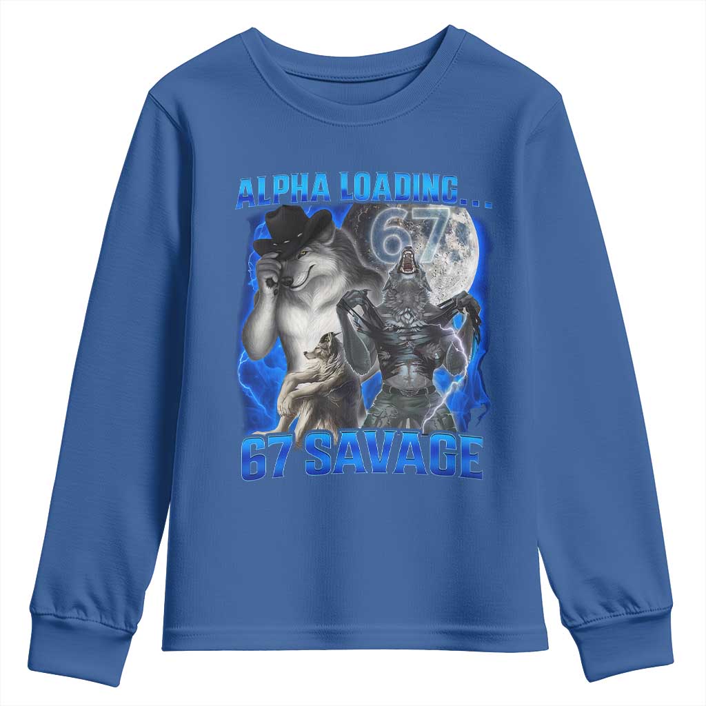 Funny Six Seven Alpha Wolf Youth Sweatshirt Alpha Loading 67 Savage Wolves Moon Meme TS11 Royal Blue Print Your Wear