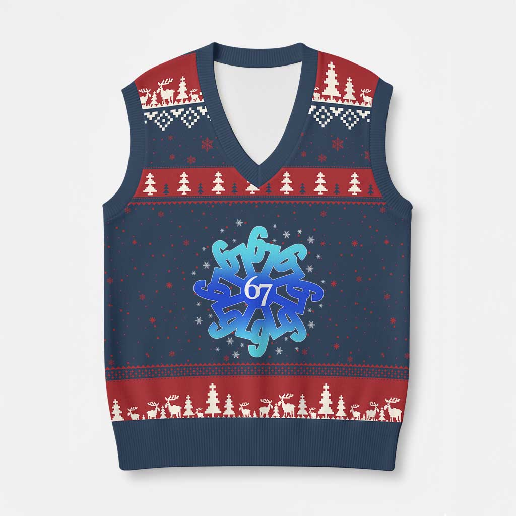 Funny 67 Xmas Snowflake V-Neck Knit Sweater Vest Six Seven Meme Xmas TS11 Navy Red Print Your Wear
