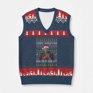 Ed Gein Xmas V-Neck Knit Sweater Vest Funny Merry Xmas Skin On Or Skin Off Turkey TS11 Navy Red Print Your Wear