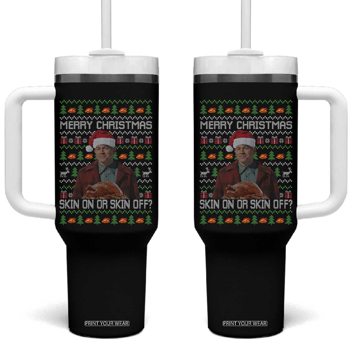 Ed Gein Christmas Tumbler With Handle Funny Merry Christmas Skin On Or Skin Off Turkey TS11 One Size: 40 oz Black Print Your Wear