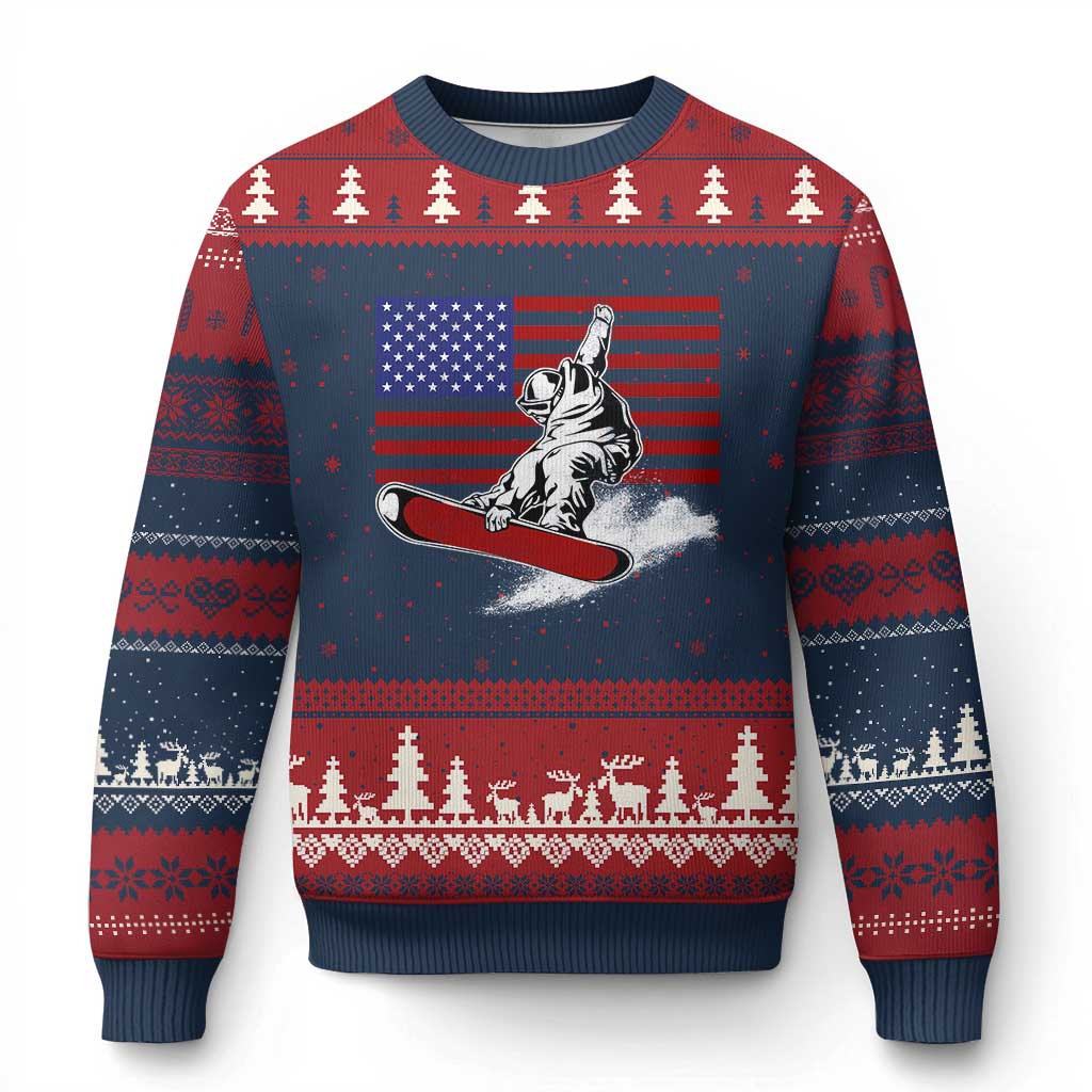 Funny Snowboarding Lover American Flag Winter Sport Ugly Christmas Sweater TS11 Navy Red Print Your Wear