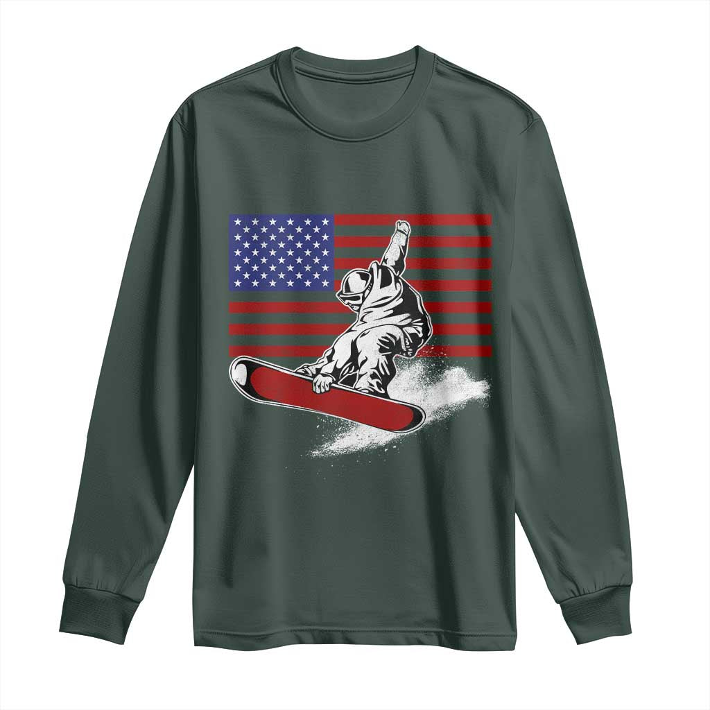 Funny Snowboarding Lover American Flag Winter Sport Long Sleeve Shirt TS11 Dark Forest Green Print Your Wear