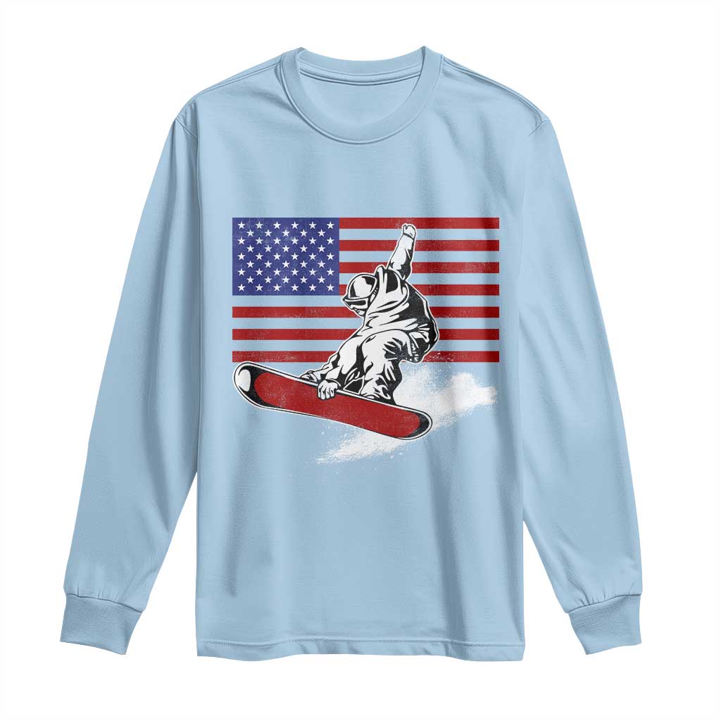 Funny Snowboarding Lover American Flag Winter Sport Long Sleeve Shirt TS11 Light Blue Print Your Wear