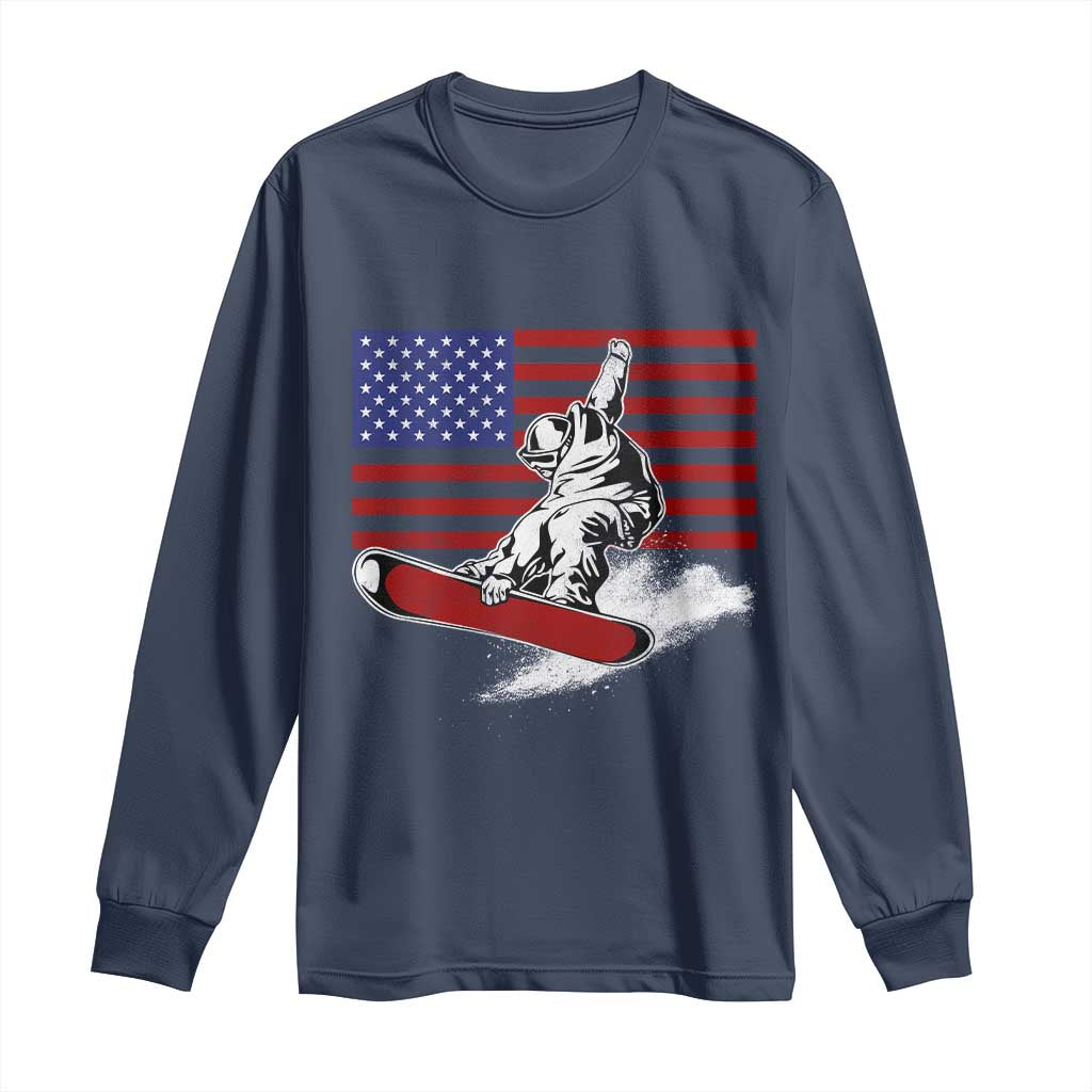 Funny Snowboarding Lover American Flag Winter Sport Long Sleeve Shirt TS11 Navy Print Your Wear