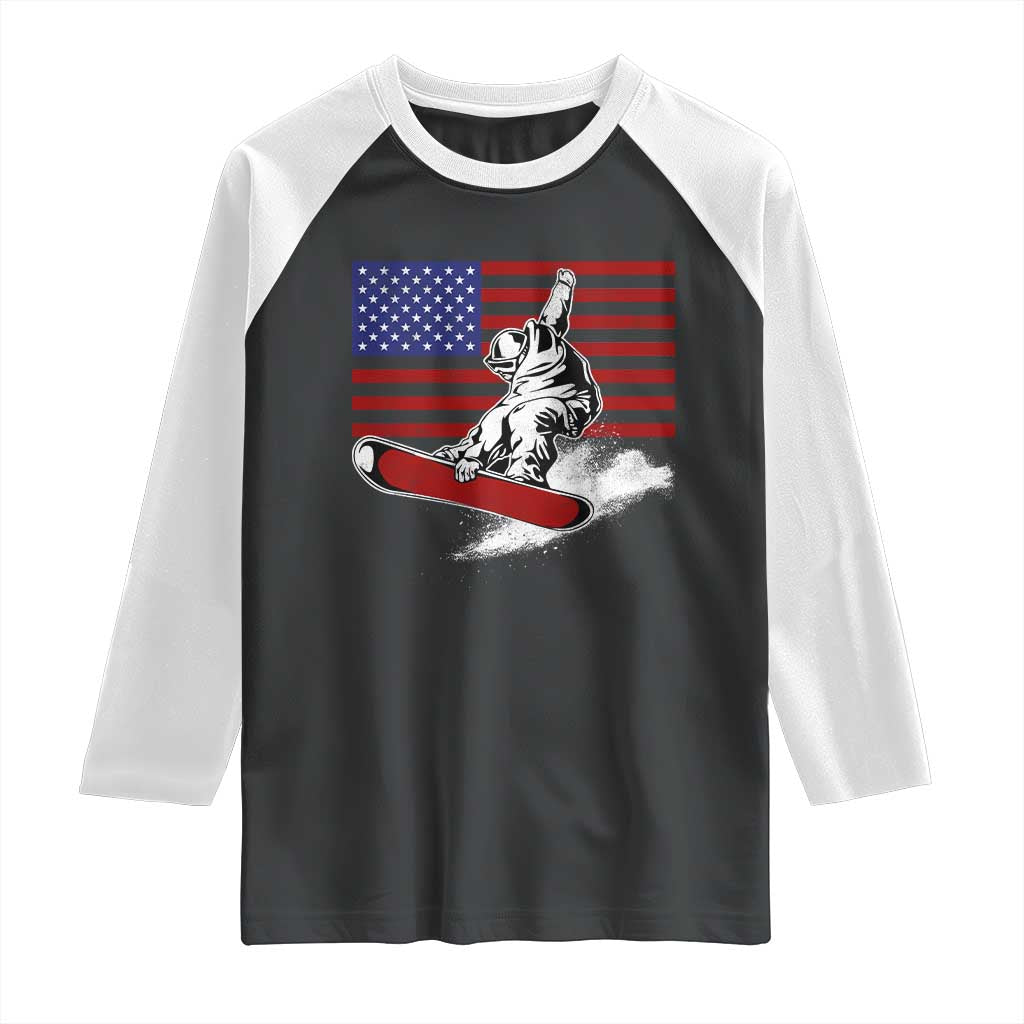 Funny Snowboarding Lover American Flag Winter Sport Raglan Shirt TS11 Black White Print Your Wear