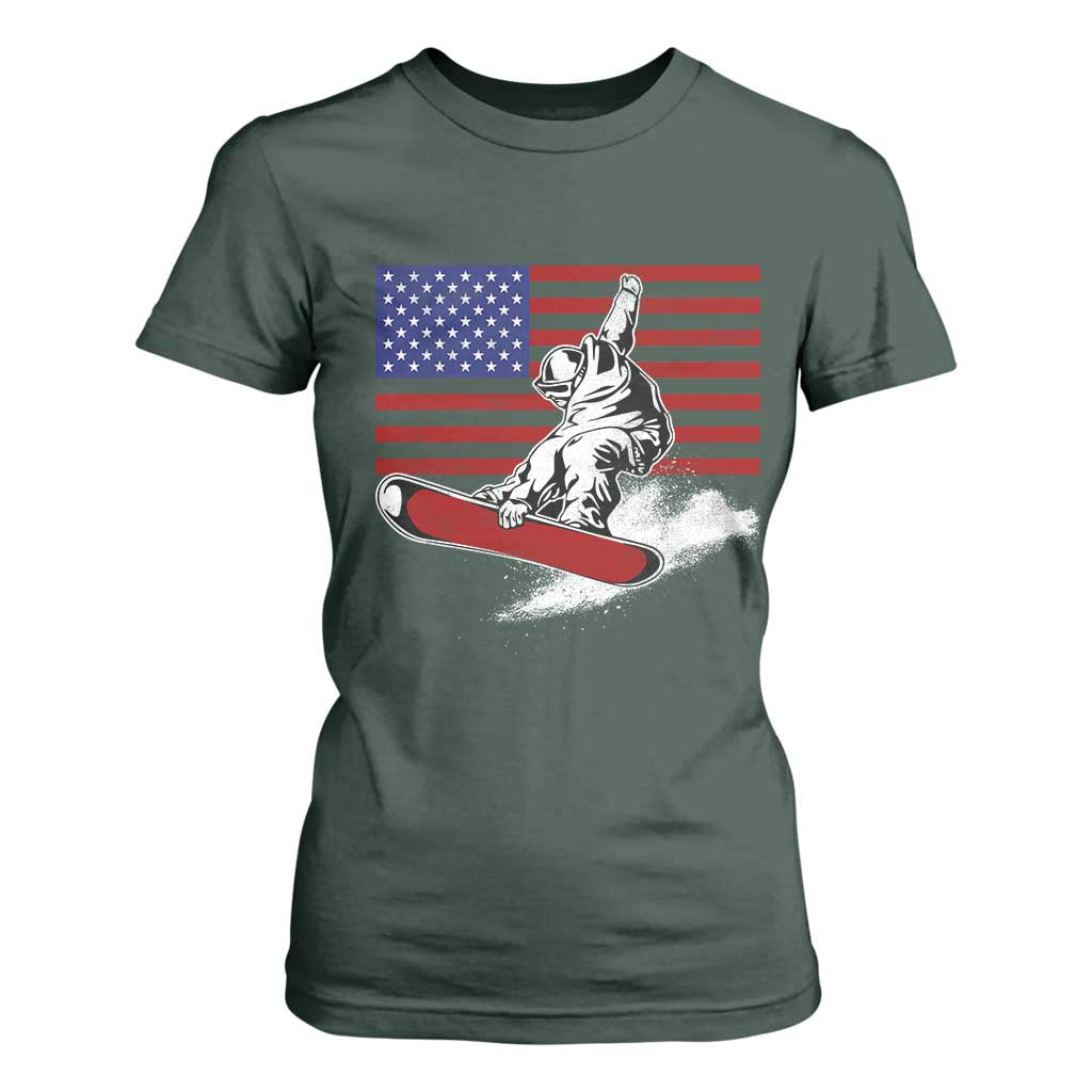 Funny Snowboarding Lover American Flag Winter Sport T Shirt For Women TS11 Dark Forest Green Print Your Wear