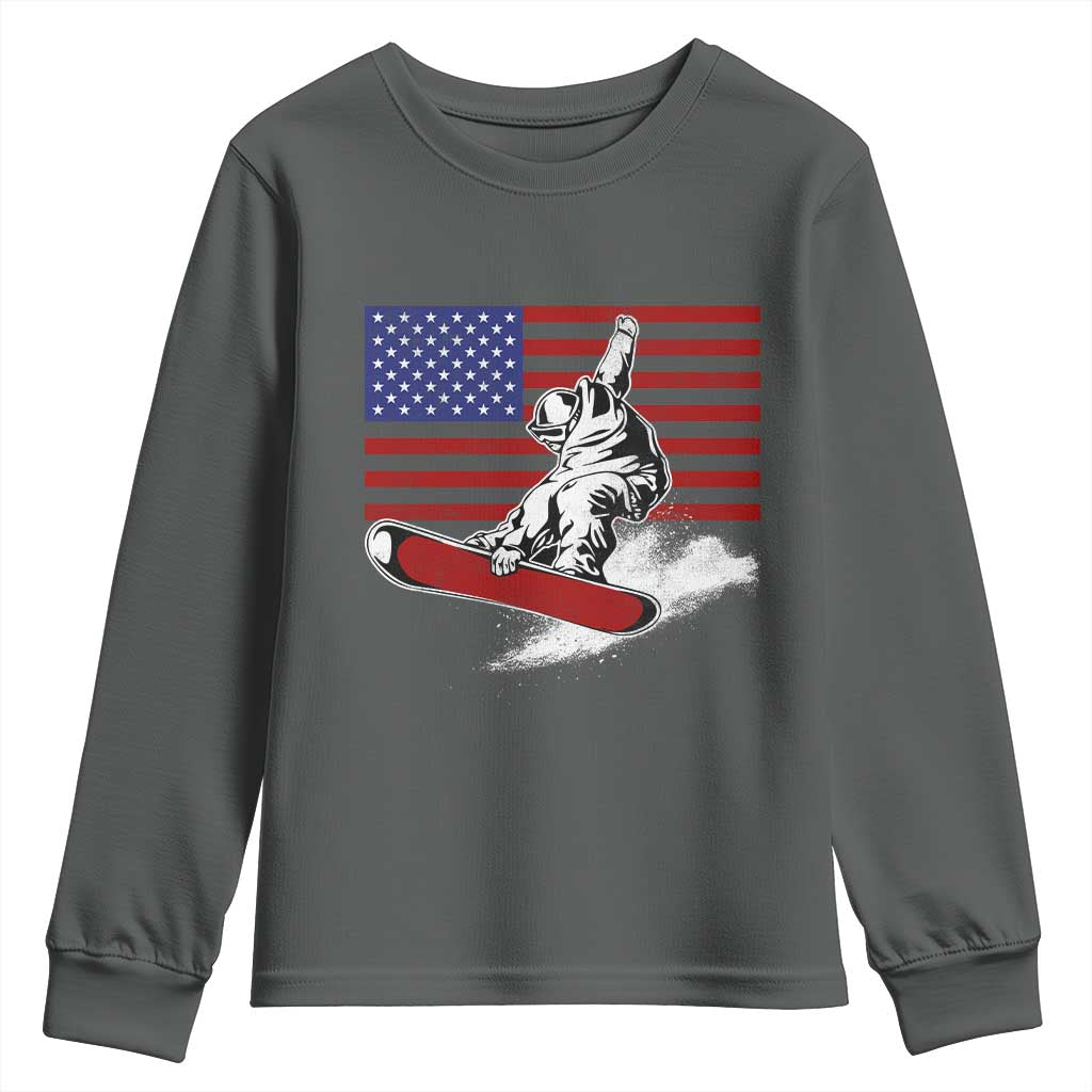 Funny Snowboarding Lover American Flag Winter Sport Youth Sweatshirt TS11 Dark Heather Print Your Wear