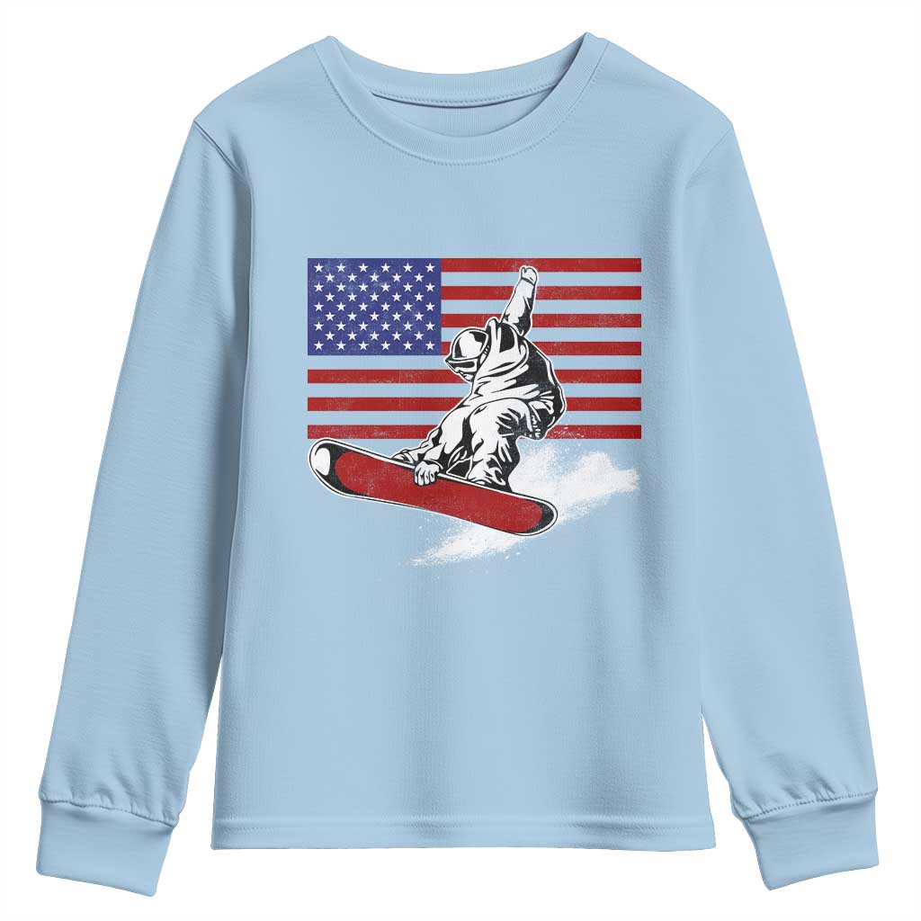 Funny Snowboarding Lover American Flag Winter Sport Youth Sweatshirt TS11 Light Blue Print Your Wear