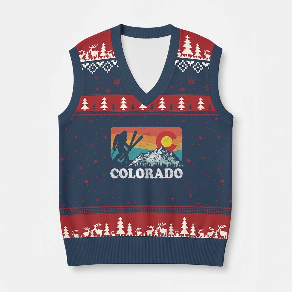 Funny Colorado Skiing Bigfoot Snow Mountain Winter Sport V-Neck Knit Sweater Vest TS11 Navy Red Print Your Wear
