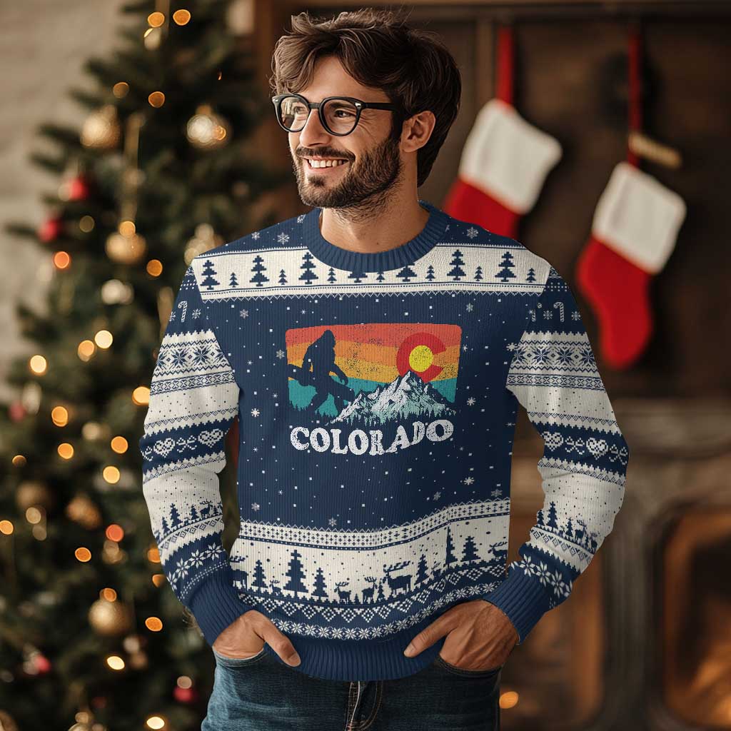 Funny Colorado Snowboarding Bigfoot Mountain Winter Sport Ugly Christmas Sweater TS11 Navy Beige Print Your Wear