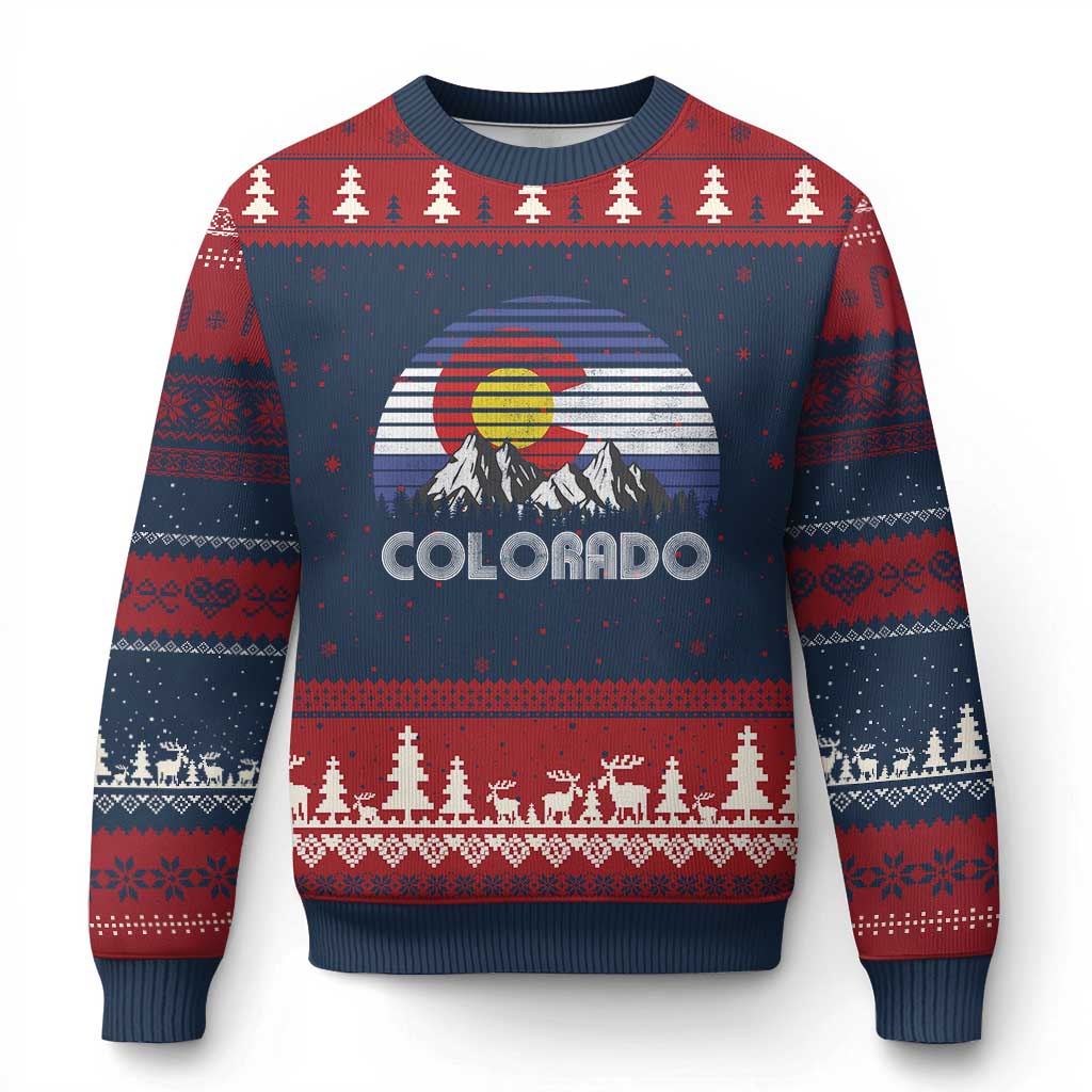 Colorado Flag Mountain 70s Retro Patriotic Colorado State Day Ugly Christmas Sweater TS11 Navy Red Print Your Wear