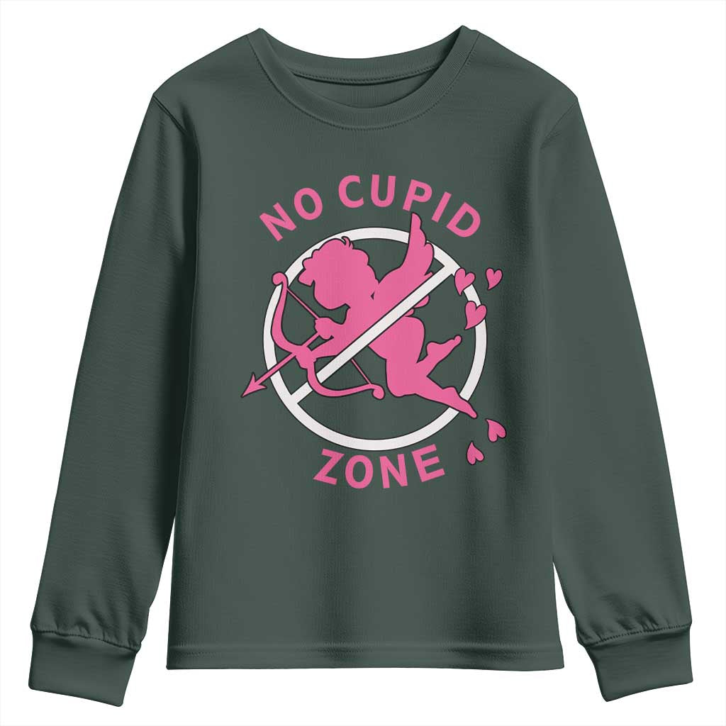 Funny Anti Valentine's Day Youth Sweatshirt No Cupid Zone TS11 Dark Forest Green Print Your Wear