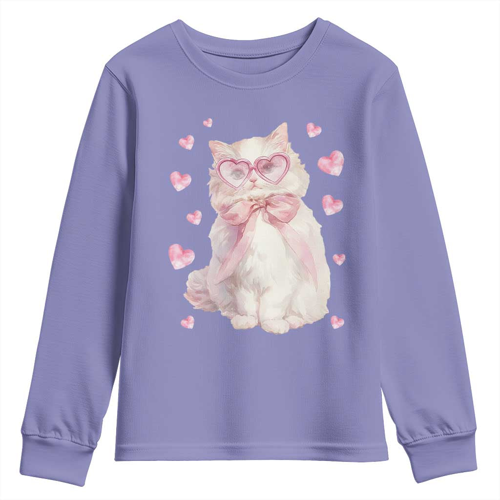 Funny Valentine's Day Cute Heart Cat Youth Sweatshirt TS11 Violet Print Your Wear