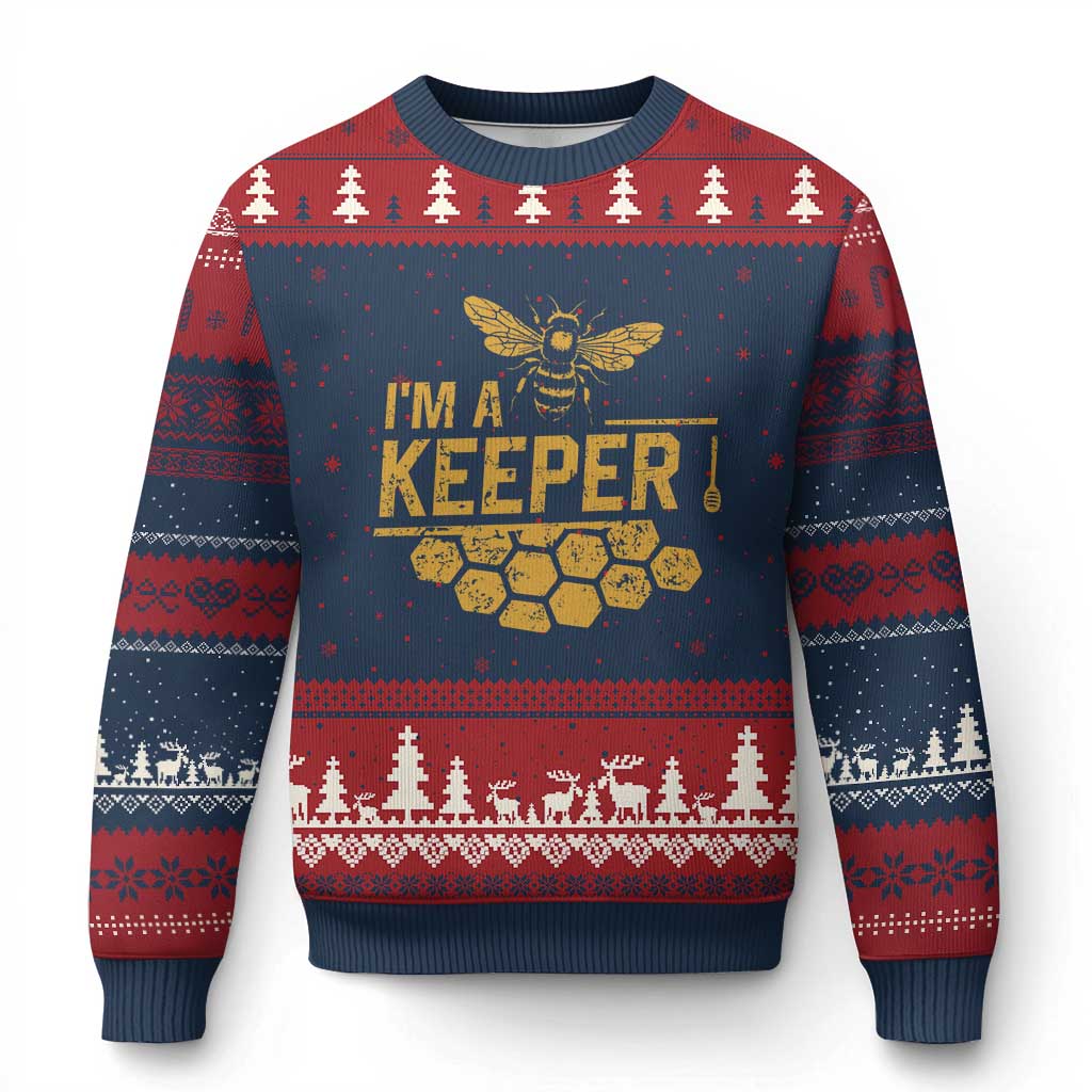 I Am A Keeper Ugly Christmas Sweater Honey Bee Apiarist Funny Beekeeping TS11 Navy Red Print Your Wear