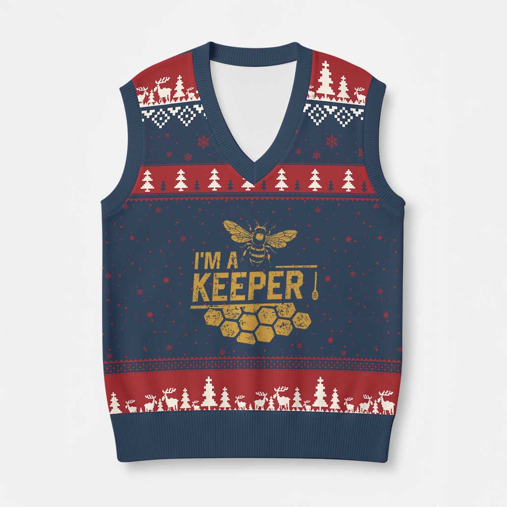 I Am A Keeper V-Neck Knit Sweater Vest Honey Bee Apiarist Funny Beekeeping TS11 Navy Red Print Your Wear
