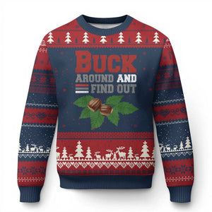 Funny Buck Around And Find Out Ugly Christmas Sweater Ohio Home Buckeye Quote State TS11 Navy Red Print Your Wear