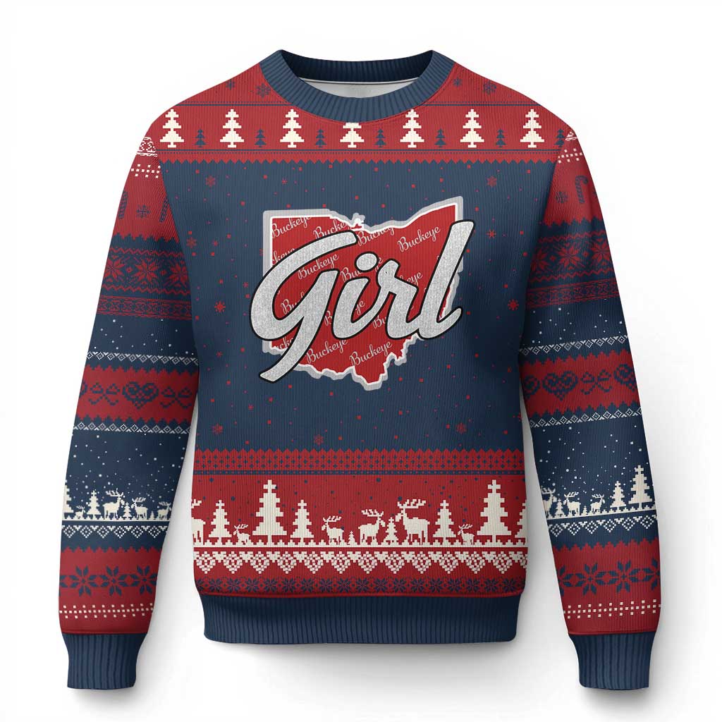 Buckeye Girl Ohio Home State Ugly Christmas Sweater TS11 Navy Red Print Your Wear